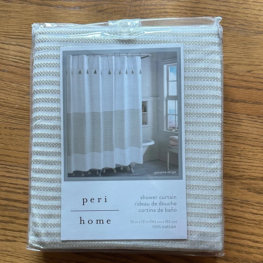 Peri Home Panama Stripe White and Tan Shower Curtain